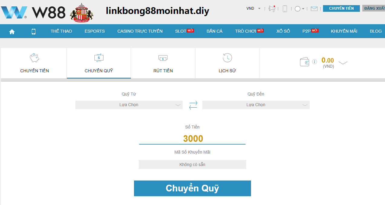 Chuyển quỹ sau khi nạp tiền w88